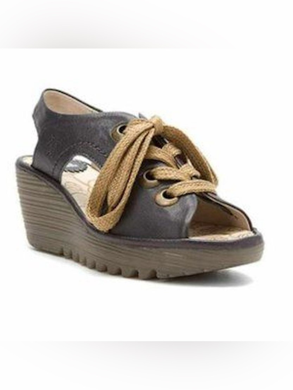 Fly London Yifa Lace Up Gray Leather Wedges 38 7.5